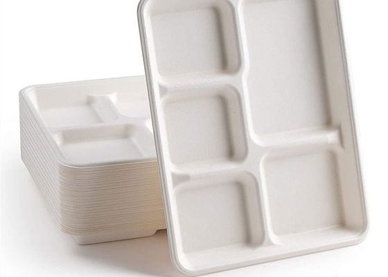 Vaisselle biodégradable jetable de bagasse d'école 6 5 plateau de déjeuner de 3 compartiments